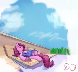 Size: 2088x1930 | Tagged: safe, artist:velvet frame, derpibooru import, pinkie pie, earth pony, pony, alcohol, calm, cloud, drink, ear fluff, eyes closed, female, happy, hooves, lounge chair, lying down, on back, peaceful, relaxing, sky, smiling, solo, towel, water, wet mane