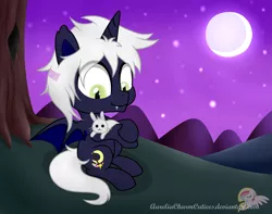 Size: 6337x4986 | Tagged: safe, artist:raspberrystudios, derpibooru import, oc, unofficial characters only, bat pony, absurd resolution, chibi, messy mane, moon, night, night sky, plush bunny, plushie, sitting, sky, stars, tree