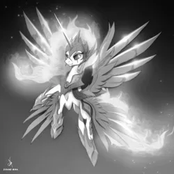 Size: 1920x1920 | Tagged: safe, artist:zidanemina, derpibooru import, daybreaker, alicorn, pony, armor, female, grayscale, mare, monochrome, multiple wings, rebirth, saint seiya, smiling, solo