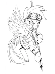 Size: 4928x6627 | Tagged: safe, artist:alts-art, derpibooru import, rainbow dash, pony, absurd resolution, cid highwind, cigarette, clothes, cosplay, costume, crossover, female, final fantasy, final fantasy vii, goggles, inktober, mare, monochrome, open mouth, simple background, sketch, smiling, smoking, solo, spear, weapon