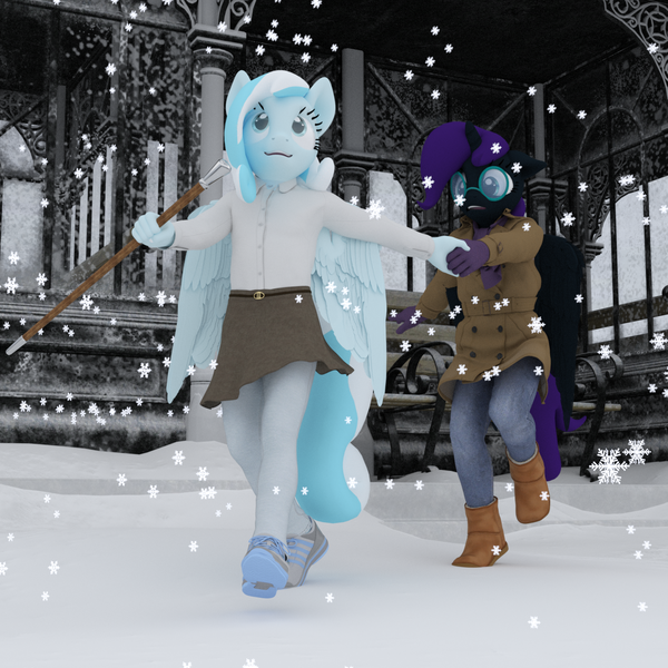 Size: 1500x1500 | Tagged: safe, artist:tahublade7, derpibooru import, oc, oc:nyx, oc:snowdrop, unofficial characters only, alicorn, anthro, pegasus, plantigrade anthro, 3d, alicorn oc, anthro oc, bench, blind, boots, building, cane, clothes, coat, cute, daz studio, denim, duo, female, glasses, gloves, holding hands, image, jeans, pants, pantyhose, png, shoes, skirt, skirt lift, sneakers, snow, snowfall, snowflake, walking