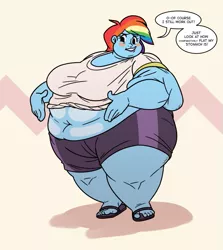 Size: 715x800 | Tagged: artist:bonusart, bbw, belly button, bingo wings, breasts, busty rainbow dash, cellulite, derpibooru import, fat, female, flip-flops, human, humanized, morbidly obese, musclegut, obese, pony coloring, rainblob dash, rainbow dash, solo, solo female, ssbbw, suggestive, thunder thighs, tight clothing