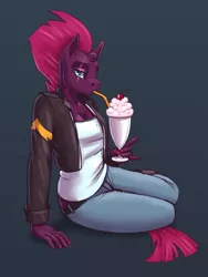 Size: 750x1000 | Tagged: safe, artist:wwredgrave, derpibooru import, fizzlepop berrytwist, tempest shadow, anthro, unicorn, my little pony: the movie, breasts, broken horn, cleavage, clothes, clothes swap, drinking, eye scar, female, implied sunset shimmer, jeans, looking at you, low rise jeans, mare, milkshake, nail polish, pants, scar, simple background, solo, straw