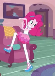 Size: 403x552 | Tagged: safe, derpibooru import, screencap, pinkie pie, equestria girls, equestria girls series, pinkie sitting, chair, clothes, cropped, female, hairband, magical geodes, pantyhose, shoes, skirt, smiling, solo