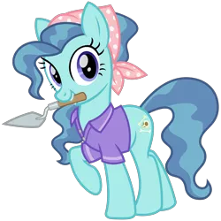 Size: 3000x3000 | Tagged: safe, artist:cheezedoodle96, derpibooru import, petunia paleo, earth pony, pony, .svg available, adult, archaeologist, clothes, female, headscarf, looking at you, mare, mouth hold, older, raised hoof, scarf, shirt, simple background, smiling, solo, svg, transparent background, trowel, vector