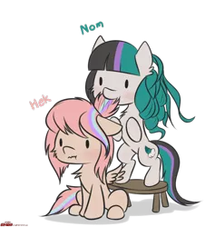 Size: 1424x1576 | Tagged: safe, artist:orang111, derpibooru import, oc, oc:seafoam, oc:sweet skies, unofficial characters only, pony, biting, chibi, hair bite, heck, nom, simple background, transparent background, wavy mouth