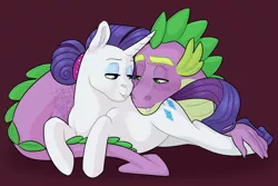 Size: 1600x1067 | Tagged: safe, artist:whisperseas, derpibooru import, rarity, spike, dragon, pony, unicorn, adult, adult spike, cuddling, eye contact, female, freckles, grin, lidded eyes, looking at each other, male, mare, older, older spike, preggity, pregnant, prone, red background, shipping, simple background, smiling, sparity, straight