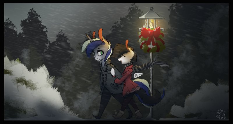 Size: 2146x1150 | Tagged: safe, artist:coltconcept, derpibooru import, oc, oc:aurora, oc:silurian trace, unofficial characters only, anthro, pegasus, plantigrade anthro, unicorn, christmas, clothes, female, holiday, jacket, male, plushie, scenery, snow, straight, walking, winter
