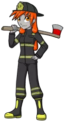 Size: 1608x3000 | Tagged: safe, artist:artemis-polara, derpibooru import, oc, oc:iron filigree, unofficial characters only, equestria girls, axe, clothes, commission, equestria girls-ified, female, firefighter, firefighter helmet, helmet, solo, weapon