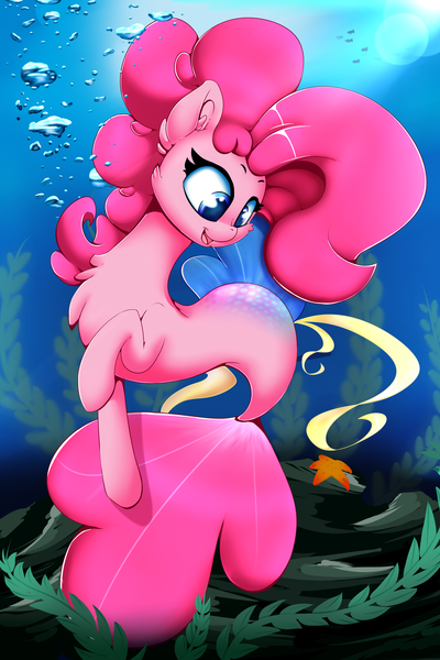 Size: 4200x6300 | Tagged: absurd resolution, artist:madacon, chest fluff, cute, derpibooru import, diapinkes, ear fluff, looking down, missing cutie mark, my little pony: the movie, open mouth, pinkie pie, safe, seaponified, seapony (g4), seapony pinkie pie, smiling, solo, species swap, starfish, underwater