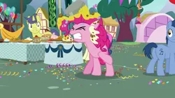 Size: 1920x1080 | Tagged: angry, betrayed, blues, bon bon, clenched teeth, comet tail, confetti, derpibooru import, eyes closed, messy, noteworthy, pie tin, pinkie pie, plot, safe, screencap, secrets and pies, sweetie drops