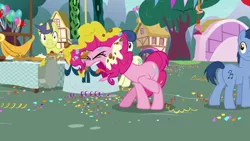 Size: 1920x1080 | Tagged: angry, betrayed, blues, bon bon, comet tail, confetti, derpibooru import, eyes closed, messy, noteworthy, open mouth, pinkie pie, plot, safe, screencap, secrets and pies, sweetie drops