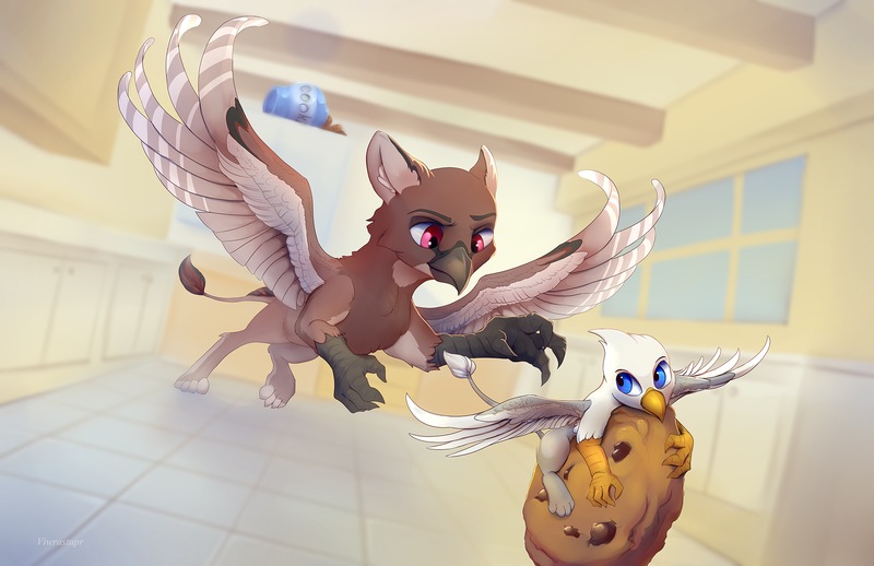 Size: 2000x1294 | Tagged: safe, artist:viwrastupr, derpibooru import, oc, oc:der, oc:kali, unofficial characters only, gryphon, chase, cookie, cookie jar, food, kitchen, micro, size difference, that griffon sure "der"s love cookies