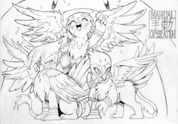 Size: 6588x4617 | Tagged: safe, artist:alts-art, derpibooru import, gabby, gilda, greta, gryphon, absurd resolution, black and white, eyes closed, female, final fantasy, final fantasy vii, grayscale, griffon trio, ink drawing, inktober, monochrome, open mouth, simple background, smiling, spread wings, traditional art, white background, wings