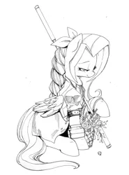 Size: 4908x6624 | Tagged: safe, artist:alts-art, derpibooru import, fluttershy, pony, absurd resolution, aeris, alternate hairstyle, basket, basket of flowers, clothes, final fantasy, final fantasy vii, folded wings, inktober, lidded eyes, looking at something, looking down, monochrome, raised hoof, sitting, smiling, solo, traditional art, wings