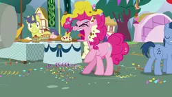 Size: 1920x1080 | Tagged: safe, derpibooru import, screencap, blues, bon bon, noteworthy, pinkie pie, sweetie drops, earth pony, pony, unicorn, secrets and pies, angry, balloon, betrayed, confetti, eyes closed, female, food, furious, male, mare, messy mane, open mouth, pie, pie tin, plot, stallion, yelling
