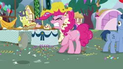 Size: 1920x1080 | Tagged: angry, balloon, blues, bon bon, derpibooru import, food, furious, noteworthy, pie, pie tin, pinkie pie, plot, safe, screencap, secrets and pies, sweetie drops, yelling