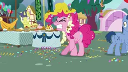 Size: 1920x1080 | Tagged: safe, derpibooru import, screencap, blues, bon bon, noteworthy, pinkie pie, sweetie drops, earth pony, pony, unicorn, secrets and pies, angry, balloon, betrayed, blue ribbon, confetti, eyes closed, food, furious, gritted teeth, male, messy, offscreen character, party, pie, pinkie pie is not amused, plot, raised hoof, shocked, shrunken pupils, stallion, unamused, yelling