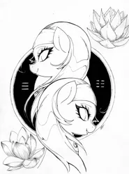 Size: 5229x7070 | Tagged: safe, artist:alts-art, derpibooru import, aloe, lotus blossom, pony, absurd resolution, cutie mark background, duo, duo female, female, inktober, looking at you, mare, monochrome, open mouth, smiling, spa twins, traditional art