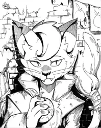 Size: 3276x4135 | Tagged: abyssinian, anthro, artist:alts-art, brick wall, bust, capper dapperpaws, cat, derpibooru import, fruit, grayscale, inktober, looking at you, male, monochrome, my little pony: the movie, safe, solo, traditional art