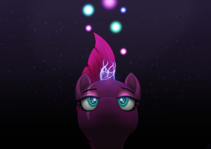 Size: 4960x3508 | Tagged: safe, artist:salemcat, derpibooru import, tempest shadow, pony, my little pony: the movie, :3, absurd resolution, bust, eye scar, female, horn, looking up, scar, solo, sparking horn, stars