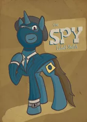 Size: 612x857 | Tagged: safe, artist:cobaltsketch, derpibooru import, oc, oc:cobalt sketch, unofficial characters only, pony, abstract background, balaclava, beret, blazer, clothes, costume, hat, invis watch, obscured cutie mark, pony fortress 2, solo, spy, sticky note, suit, team fortress 2, video game