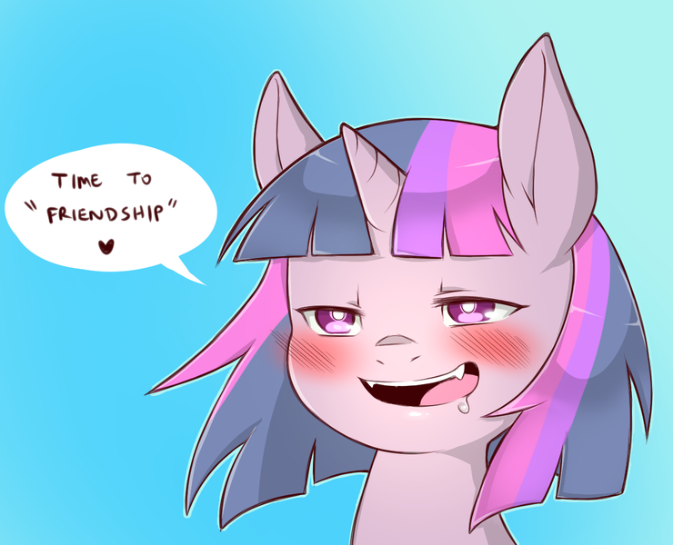 Size: 1196x970 | Tagged: safe, artist:cold-blooded-twilight, derpibooru import, twilight sparkle, pony, alternate design, blushing, cute, cute little fangs, dialogue, drool, fangs, friendship, simple background, solo