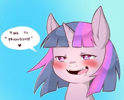 Size: 1196x970 | Tagged: safe, artist:cold-blooded-twilight, derpibooru import, twilight sparkle, pony, alternate design, blushing, cute, cute little fangs, dialogue, drool, fangs, friendship, simple background, solo