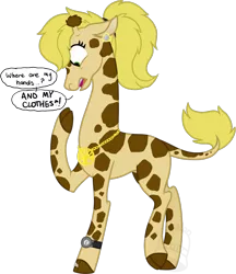 Size: 779x900 | Tagged: amulet, artist:tambelon, derpibooru import, ear piercing, earring, female, giraffe, jewelry, necklace, oc, oc:sunspot, piercing, safe, simple background, solo, species swap, speech bubble, transformed, transparent background, unofficial characters only, watch, watermark