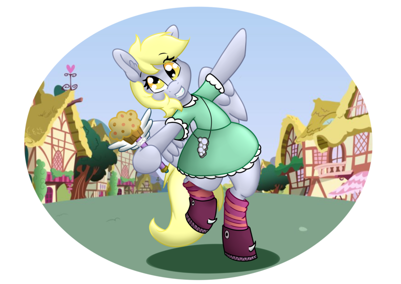 Size: 3507x2480 | Tagged: safe, artist:tatemil, derpibooru import, derpy hooves, pony, clothes, crossover, dress, food, muffin, ponyville, silly, silly pony, star vs the forces of evil, wand