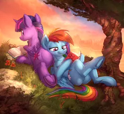 Size: 2048x1876 | Tagged: safe, artist:caboni32, artist:vest, derpibooru import, rainbow dash, twilight sparkle, twilight sparkle (alicorn), alicorn, pegasus, pony, book, butt pillow, collaboration, female, mare, reading, shipping, smiling, tree, twidash, underhoof