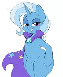 Size: 1084x1330 | Tagged: suggestive, artist:spectre-z, derpibooru import, trixie, pony, semi-anthro, unicorn, bedroom eyes, belly button, bipedal, cape, clothes, colored sketch, curvy, drawpile, female, grin, lidded eyes, simple background, sketch, smiling, smug, solo, solo female, standing, thunder thighs, trixie's cape, white background, wide hips