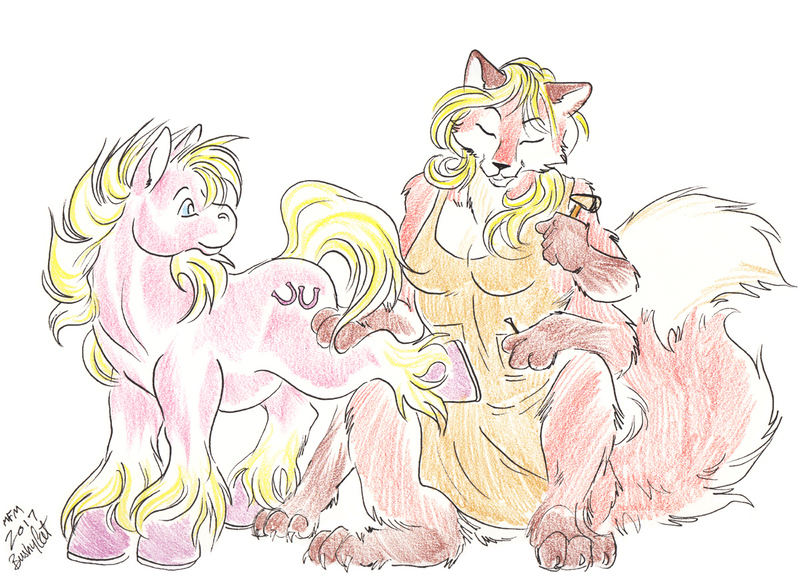 Size: 1200x875 | Tagged: safe, artist:bushycat, artist:chakat-goldfur, derpibooru import, cat, chakat, earth pony, pony, taur, 2017, blacksmith, blonde hair, blonde mane, breasts, clothes, crossover, cutie mark, duo, farrier, furry, horseshoes, nudity, unshorn fetlocks