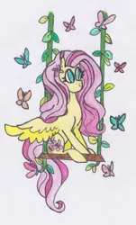 Size: 1024x1691 | Tagged: safe, artist:draw1709, derpibooru import, fluttershy, butterfly, pegasus, pony, no pupils, sitting, solo, spread wings, swing, traditional art, wings