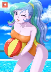 Size: 707x1000 | Tagged: suggestive, artist:uotapo, derpibooru import, princess celestia, equestria girls, alternate hairstyle, ball, beach, beach babe, beach ball, bicolor swimsuit, bikini, blushing, breasts, busty princess celestia, cleavage, clothes, cloud, day, female, looking at you, one eye closed, one-piece swimsuit, orange swimsuit, ponytail, principal celestia, sexy, sideass, sky, smiling, solo, solo female, stupid sexy celestia, swimsuit, water, wink