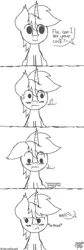Size: 1400x4182 | Tagged: suggestive, artist:kimjoman, derpibooru import, oc, oc:purple flix, unofficial characters only, pony, unicorn, :t, blushing, comic, cute, dialogue, digital art, explicit dialogue, looking down, male, monochrome, pencil drawing, practice, shocked, sitting, sweat, traditional art, wide eyes