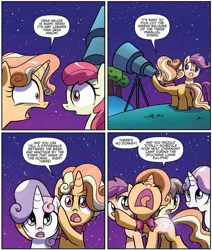 Size: 1171x1383 | Tagged: safe, artist:agnesgarbowska, derpibooru import, idw, apple bloom, gilded lily, scootaloo, sweetie belle, earth pony, pegasus, pony, unicorn, spoiler:comic, spoiler:comic60, bow, comic, cutie mark crusaders, cutiespark, female, filly, foal, night, official comic, speech bubble, stargazing, telescope