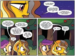 Size: 1167x874 | Tagged: safe, artist:agnesgarbowska, derpibooru import, idw, gilded lily, scootaloo, pony, unicorn, spoiler:comic, spoiler:comic60, apple tree, comic, duo, female, filly, foal, night, official comic, sad, speech bubble, tree