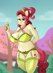 Size: 1300x1800 | Tagged: suggestive, artist:passigcamel, derpibooru import, cherry jubilee, anthro, earth pony, armpits, big breasts, bra, breasts, busty cherry jubilee, clothes, coin, female, garter belt, garters, green underwear, looking at you, mare, panties, smiling, solo, solo female, stockings, stupid sexy cherry jubilee, thigh highs, underwear