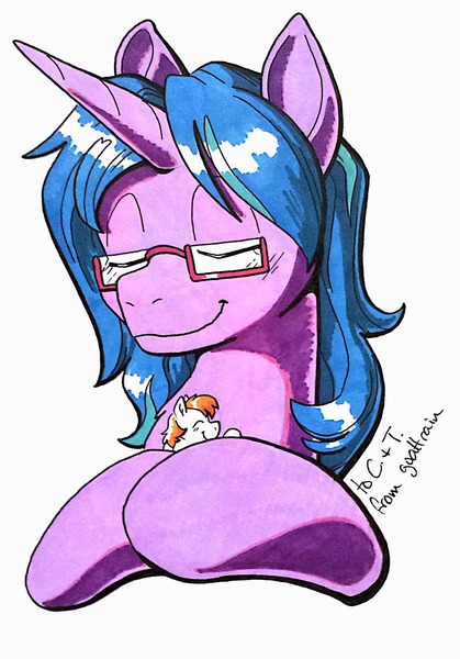 Size: 1880x2692 | Tagged: safe, artist:goat train, deleted from derpibooru, derpibooru import, oc, oc:cee biscuit, oc:tea biscuit, unofficial characters only, pony, unicorn, couple, eyes closed, female, giant pony, glasses, hug, macro, mare, oc x oc, shipping, simple background, traditional art