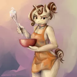 Size: 1280x1280 | Tagged: suggestive, artist:hiroshi-tea, derpibooru import, oc, oc:sweet cream, unofficial characters only, anthro, unicorn, anthro oc, apron, bowl, breasts, choker, clothes, collar, female, image, jpeg, looking at you, mare, mixing bowl, naked apron, whisk