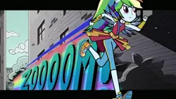 Size: 1600x900 | Tagged: safe, derpibooru import, screencap, rainbow dash, equestria girls, equestria girls series, super squad goals, black outlines, clothes, crystal guardian, crystal wings, geode of super speed, hascon, magical geodes, onomatopoeia, ponied up, running, zoom