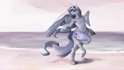 Size: 1280x721 | Tagged: armpits, artist:hiroshi-tea, beach, bipedal, derpibooru import, princess luna, safe, semi-anthro, solo