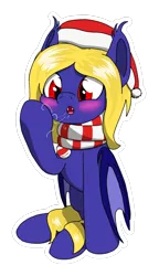 Size: 802x1388 | Tagged: safe, artist:ilyasnow, derpibooru import, oc, oc:butter cream, unofficial characters only, bat pony, pony, blushing, christmas, clothes, cold, female, hat, holiday, santa hat, scarf, sitting, solo, sticker, winter