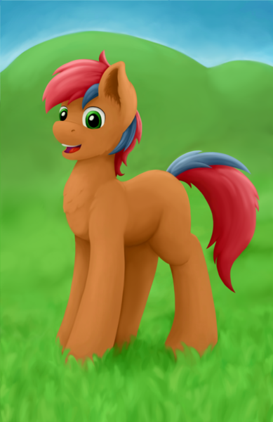 Size: 900x1388 | Tagged: safe, artist:redquoz, derpibooru import, oc, oc:redpone, unofficial characters only, earth pony, pony, blank flank, chest fluff, field, grass, grass field, happy, male, outdoors, paintstorm, paintstorm studio, smiling, solo