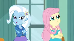 Size: 1920x1080 | Tagged: safe, derpibooru import, screencap, fluttershy, trixie, a little birdie told me, equestria girls, equestria girls series, canterlot high, crossed arms, duo, fluttershy is not amused, frown, raised eyebrow, talking, unamused