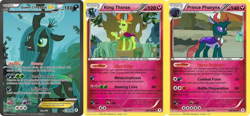 Size: 2571x1200 | Tagged: card, card maker, changedling, changeling, changeling queen, derpibooru import, edit, edited screencap, female, king thorax, pharynx, pokémon, pokemon card, prince pharynx, queen chrysalis, safe, screencap, thorax, trading card, trading card edit, trading card game