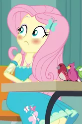 Size: 385x584 | Tagged: safe, derpibooru import, screencap, fluttershy, a little birdie told me, equestria girls, equestria girls series, blushing, cropped, geode of fauna, magical geodes, solo