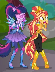 Size: 598x777 | Tagged: safe, derpibooru import, screencap, sci-twi, sunset shimmer, twilight sparkle, equestria girls, equestria girls series, super squad goals, cropped, crystal guardian, crystal wings, duo, scitwilicorn, shocked, super ponied up, wings