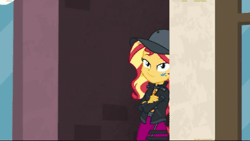 Size: 477x269 | Tagged: safe, derpibooru import, screencap, sunset shimmer, display of affection, equestria girls, equestria girls series, animated, clothes, flanksy, helping, jacket
